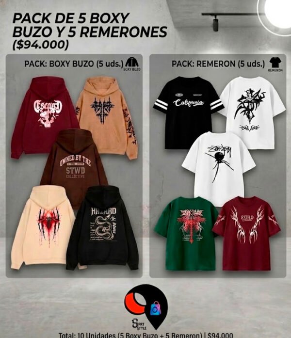 pack de 10 PACK SURTIDOS DE 5 REMERONES + 5 BOXY BUZO